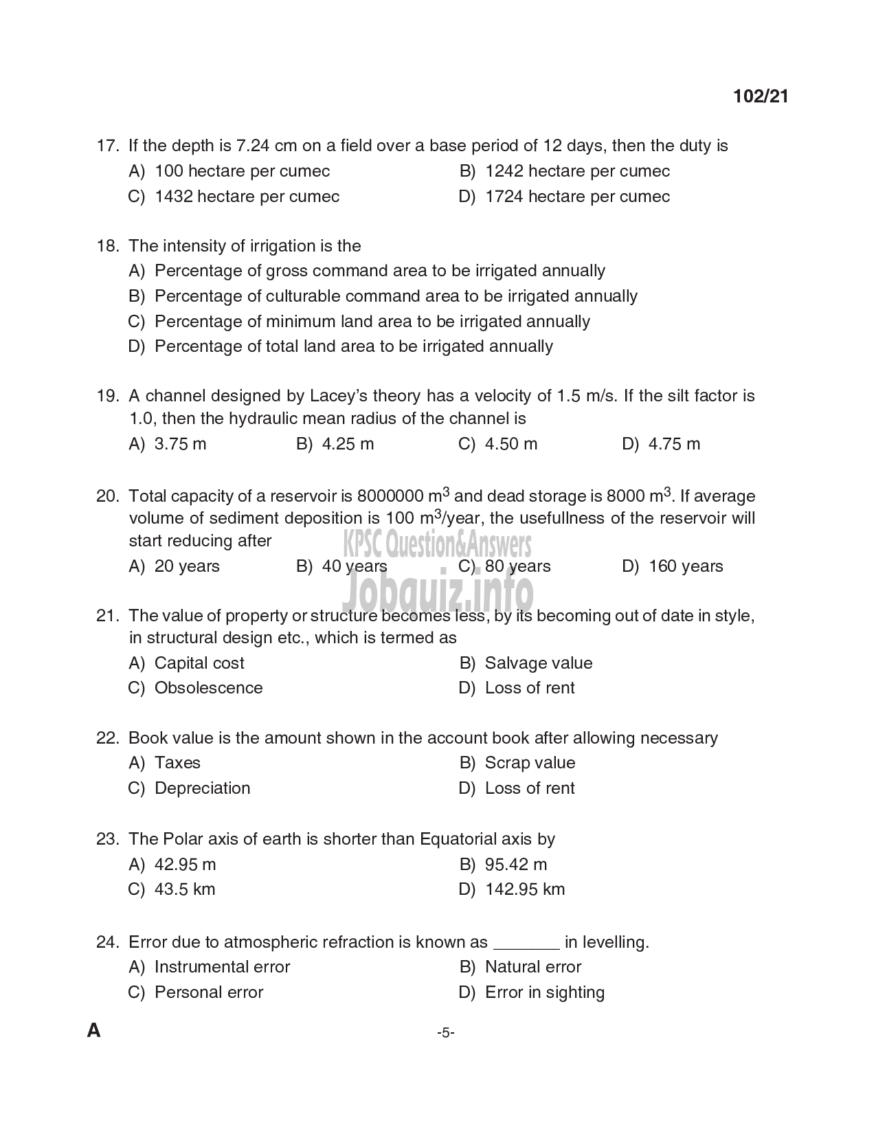 Kerala PSC Question Paper -  Assistant Engineer (Civil)/ Head Draftsman etc in Irrigation/ LSGD/ KSHB/ KTDC etc Cat.No: 210/2019, 125/2020, 126/2020, 191/2020, 005/2021, 028/2021, 128/2021, 134/2021, 206/2021-5
