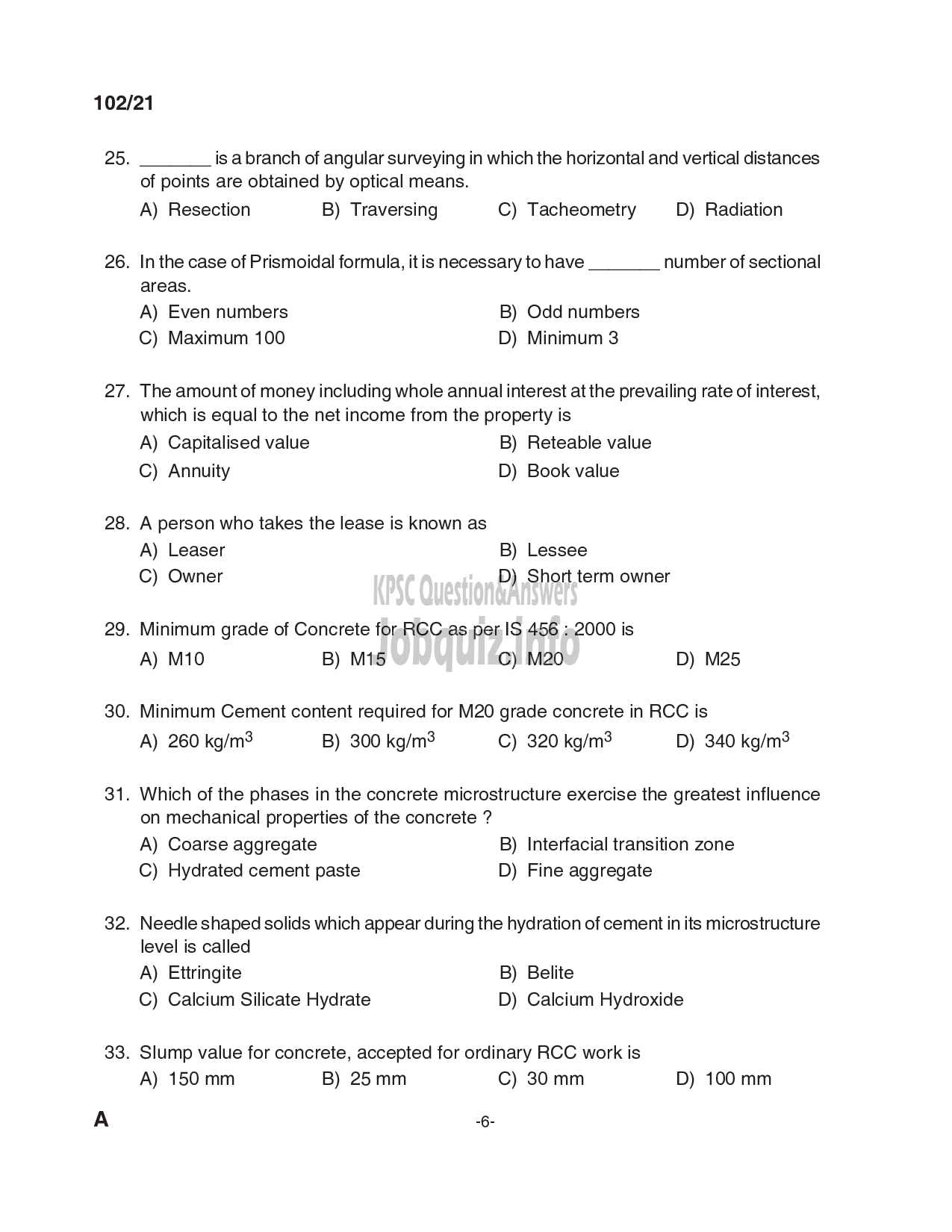 Kerala PSC Question Paper -  Assistant Engineer (Civil)/ Head Draftsman etc in Irrigation/ LSGD/ KSHB/ KTDC etc Cat.No: 210/2019, 125/2020, 126/2020, 191/2020, 005/2021, 028/2021, 128/2021, 134/2021, 206/2021-6