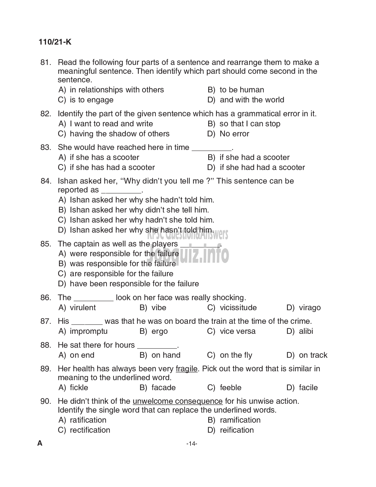 Kerala PSC Question Paper -  Assistant Gr.II / Sergeant - Kerala State Cashew Development Corpn. -14