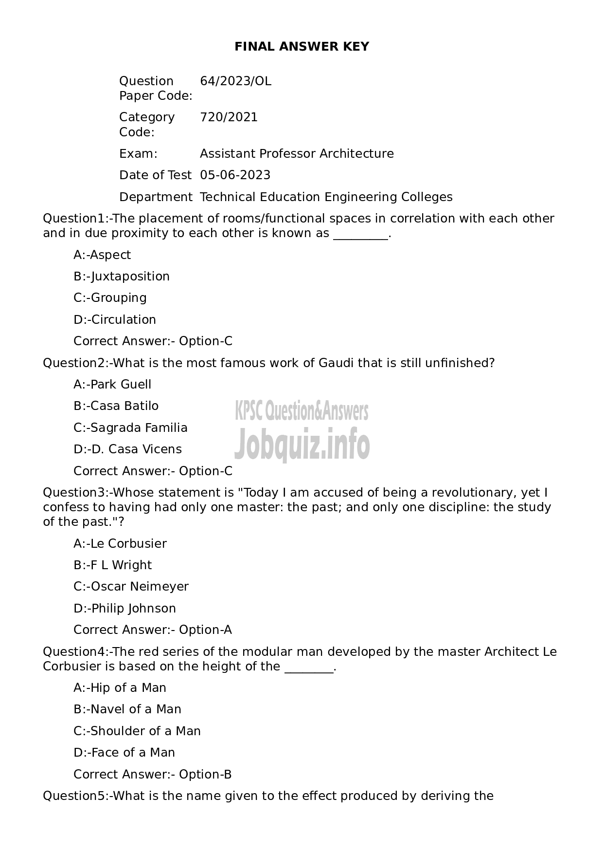 Kerala PSC Question Paper -  Assistant Professor Architecture-1