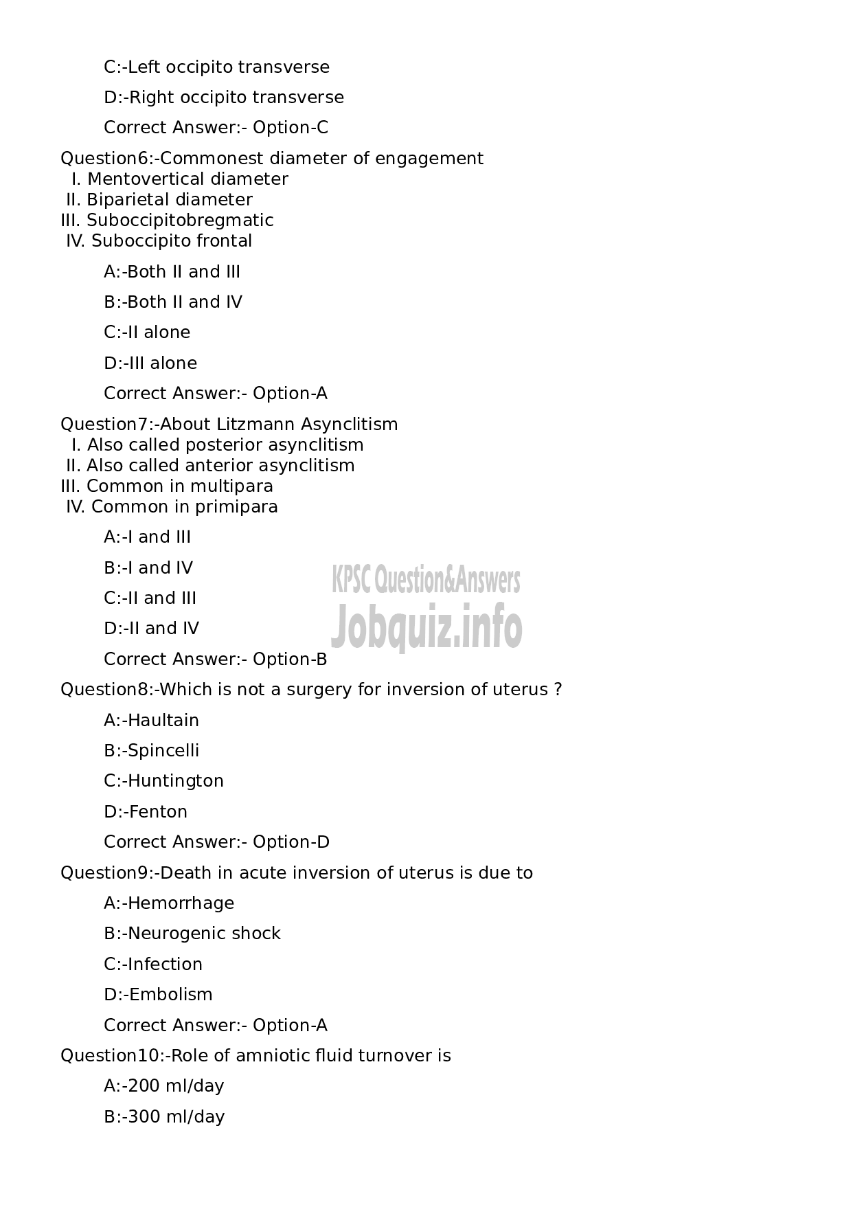 Kerala PSC Question Paper -  Assistant Professor Obstetrics and Gynaecology-2