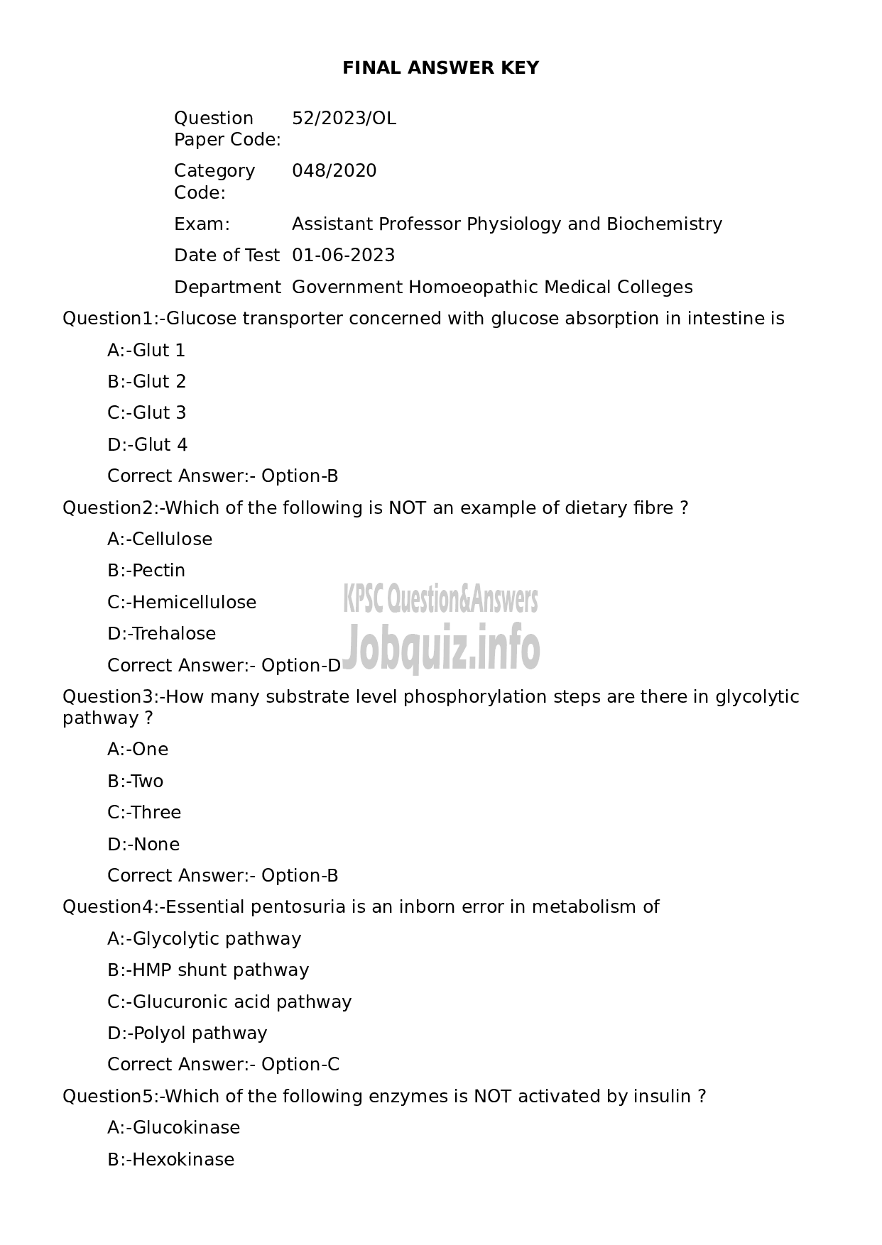Kerala PSC Question Paper -  Assistant Professor Physiology and Biochemistry-1