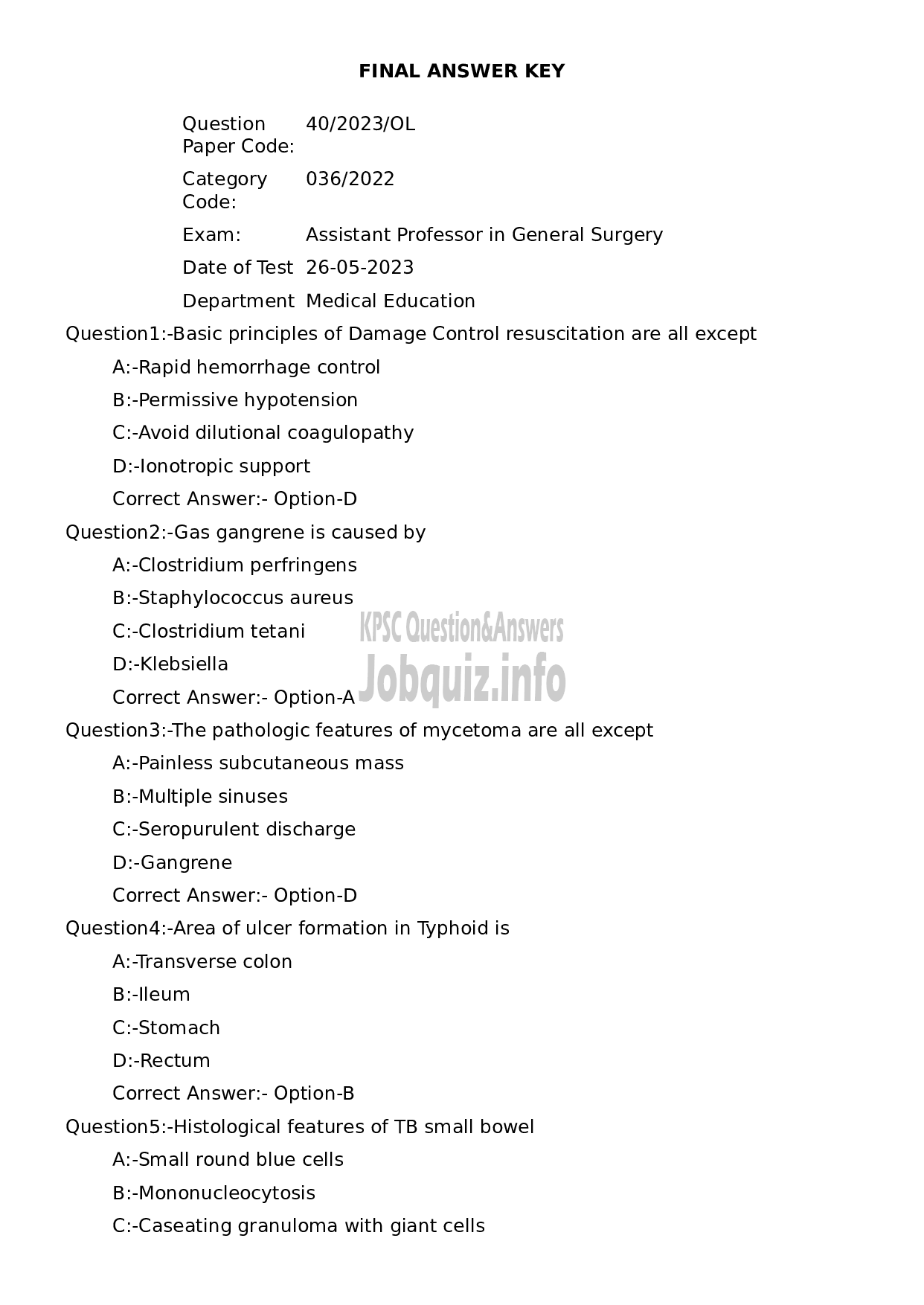 Kerala PSC Question Paper -  Assistant Professor in General Surgery-1