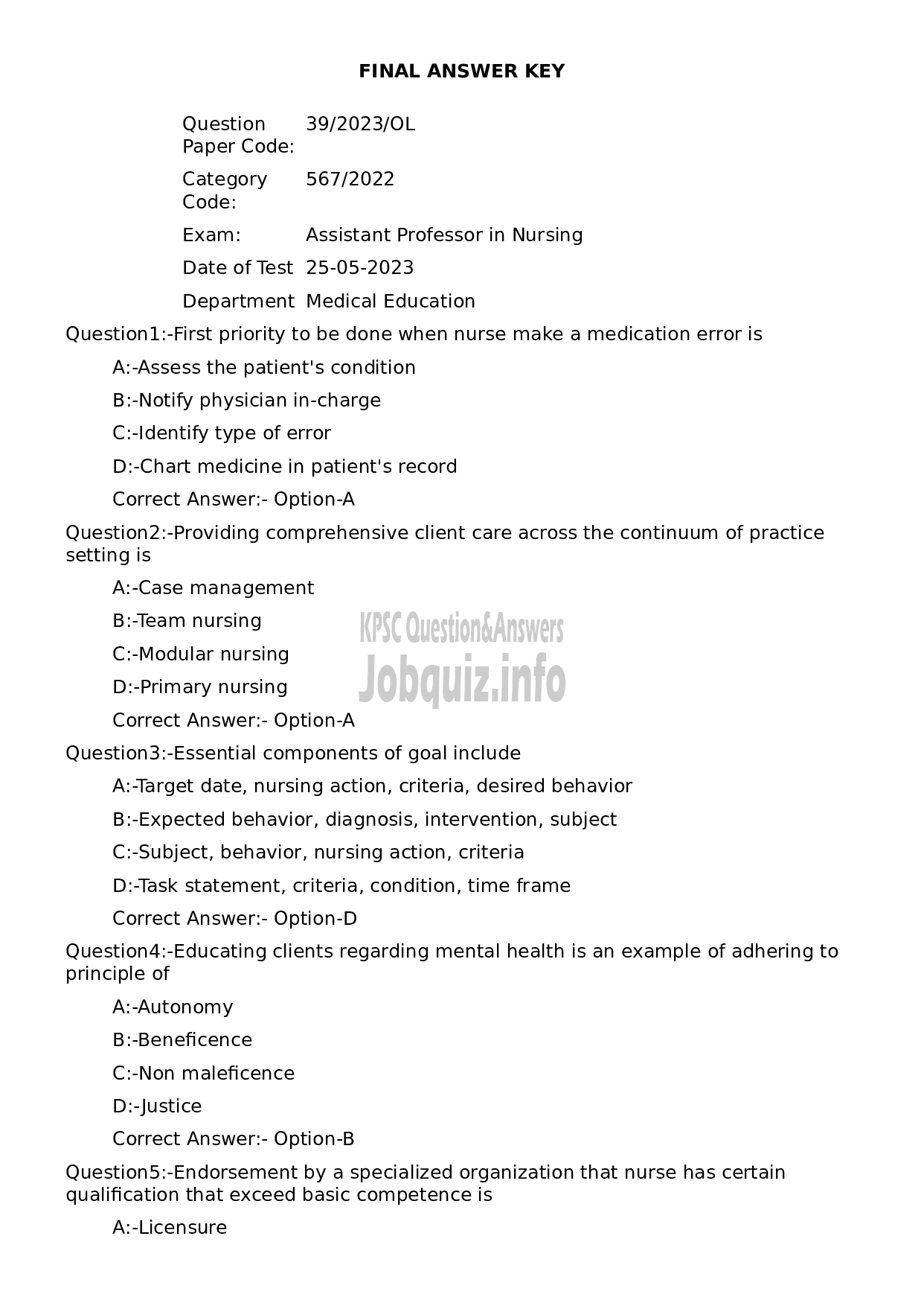 Kerala PSC Question Paper -  Assistant Professor in Nursing-1