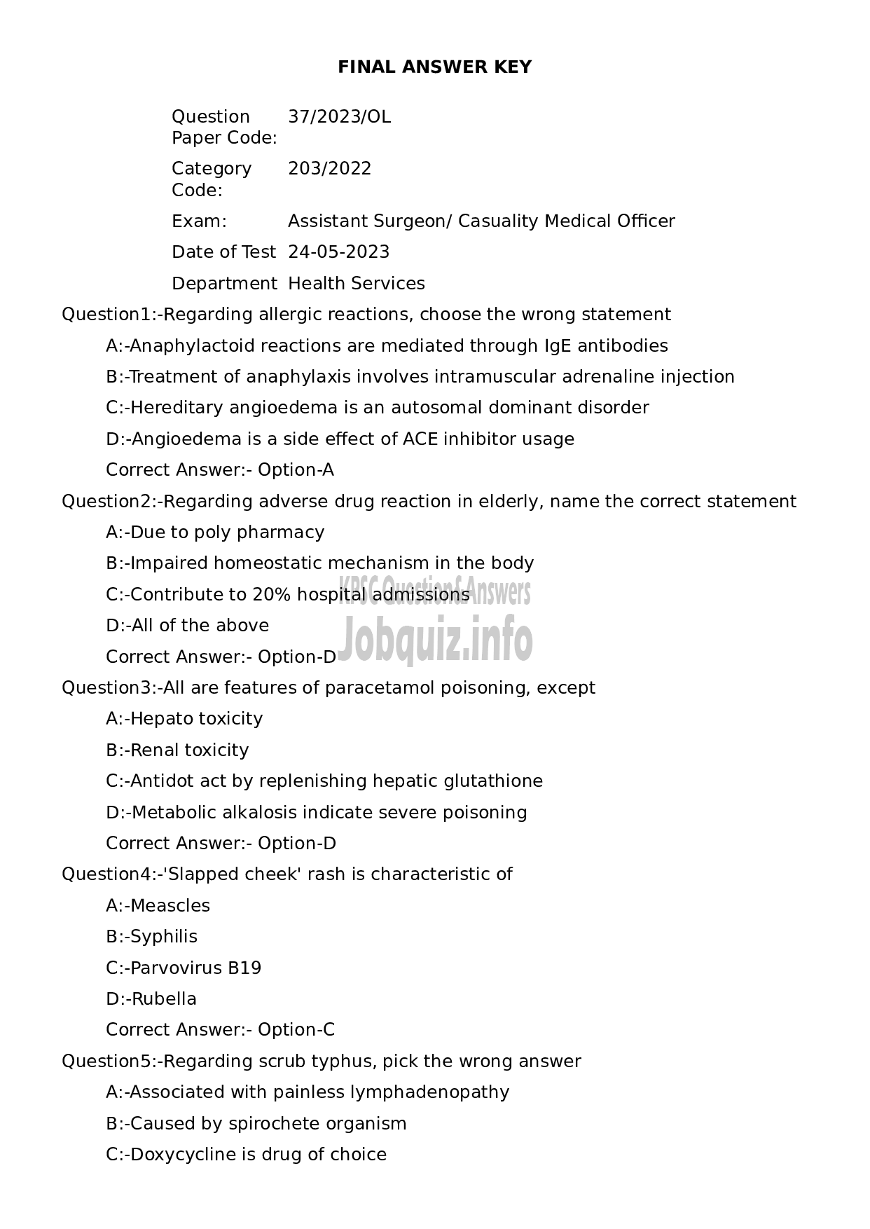 Kerala PSC Question Paper -  Assistant Surgeon/ Casuality Medical Officer-1