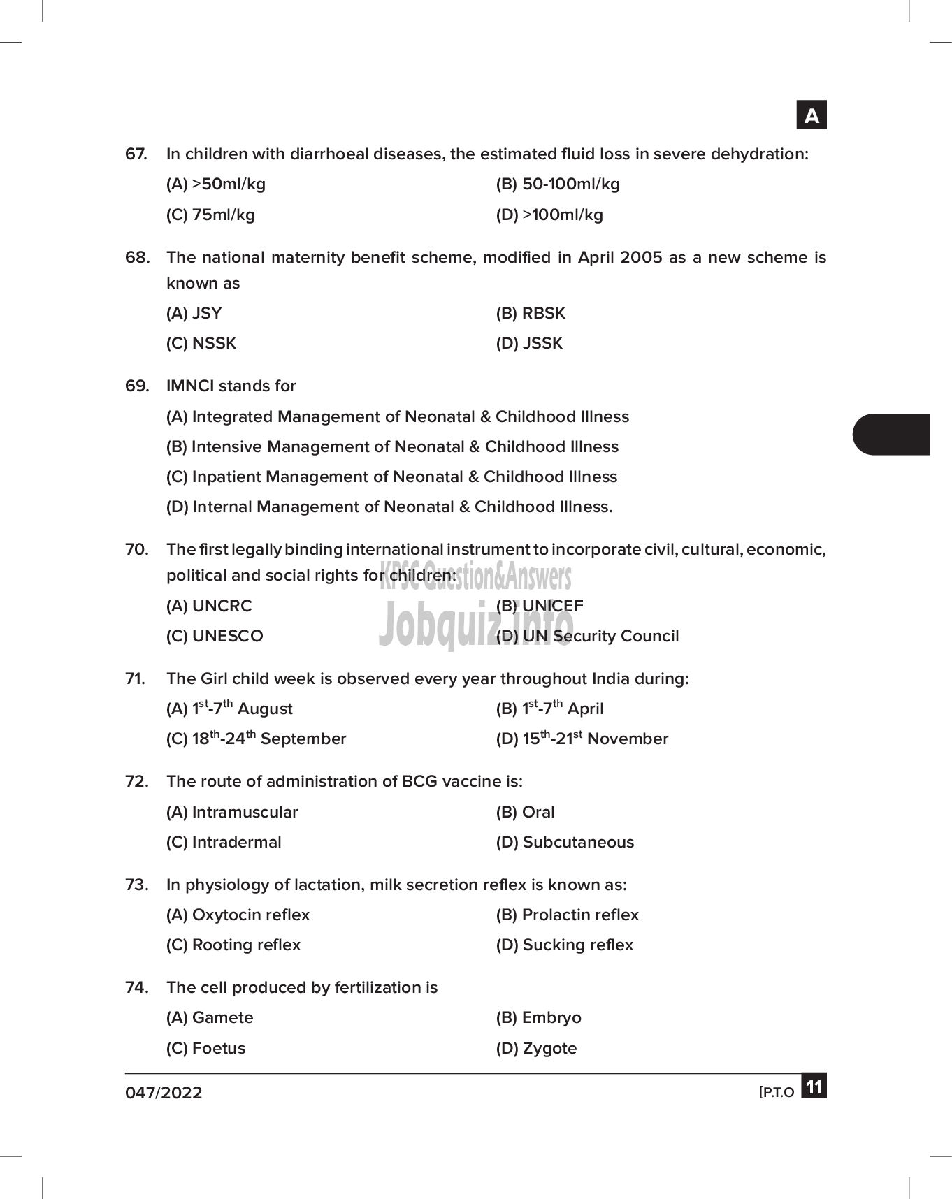 Kerala PSC Question Paper -  Auxiliary Nurse Midwife & Junior Public Health Nurse Grade II - Insurance Medical Service & Health/ Municipal Common Service-11