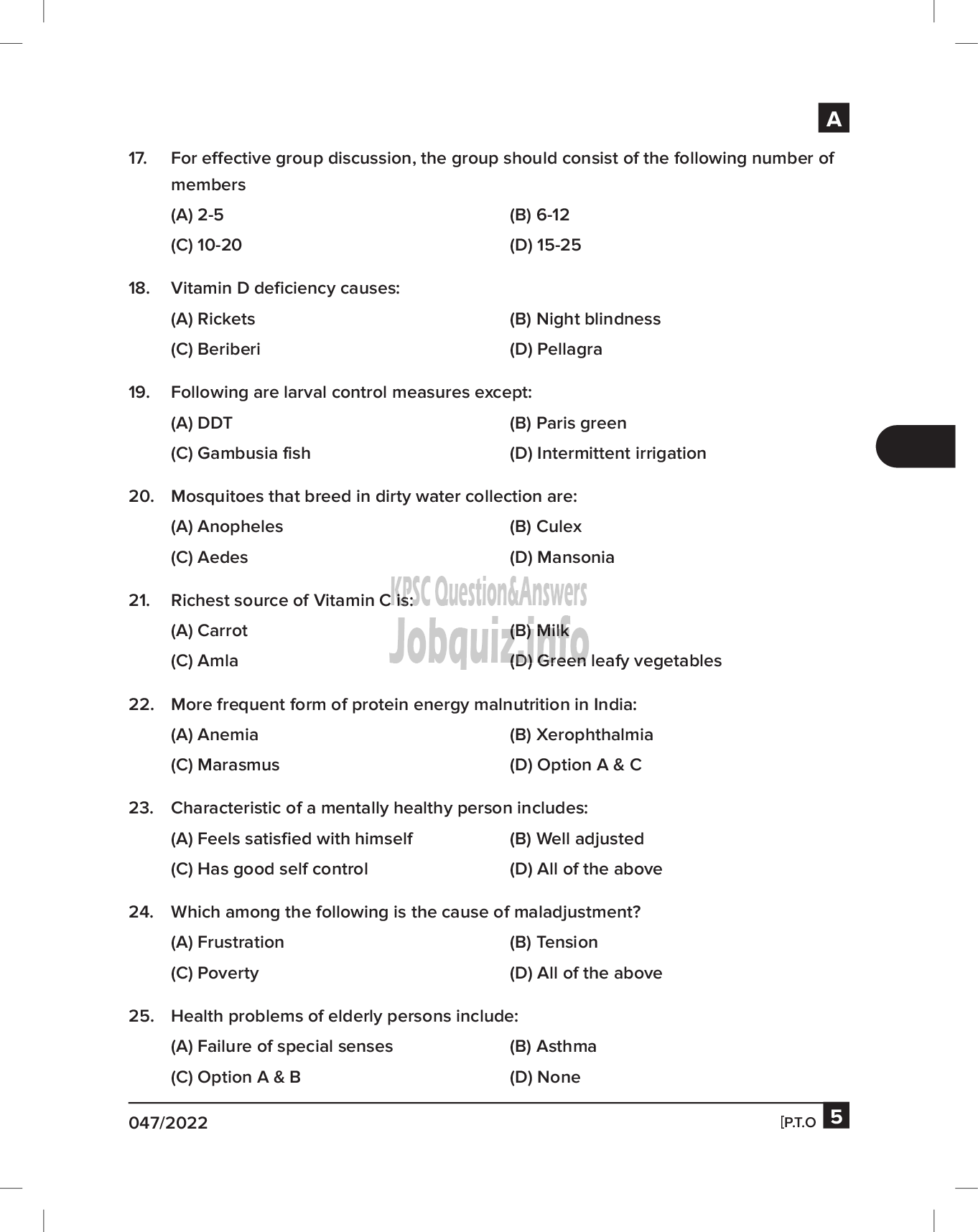 Kerala PSC Question Paper -  Auxiliary Nurse Midwife & Junior Public Health Nurse Grade II - Insurance Medical Service & Health/ Municipal Common Service-5