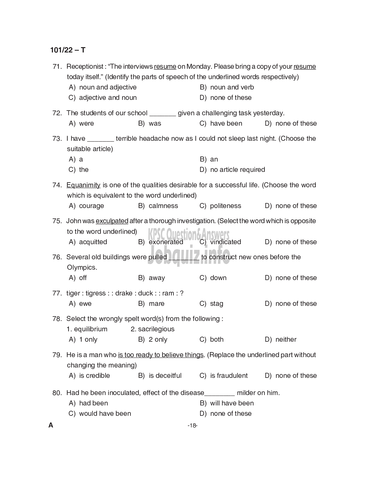 Kerala PSC Question Paper -  Common Preliminary Examination 2022 (Graduate Level)- Stage I -18