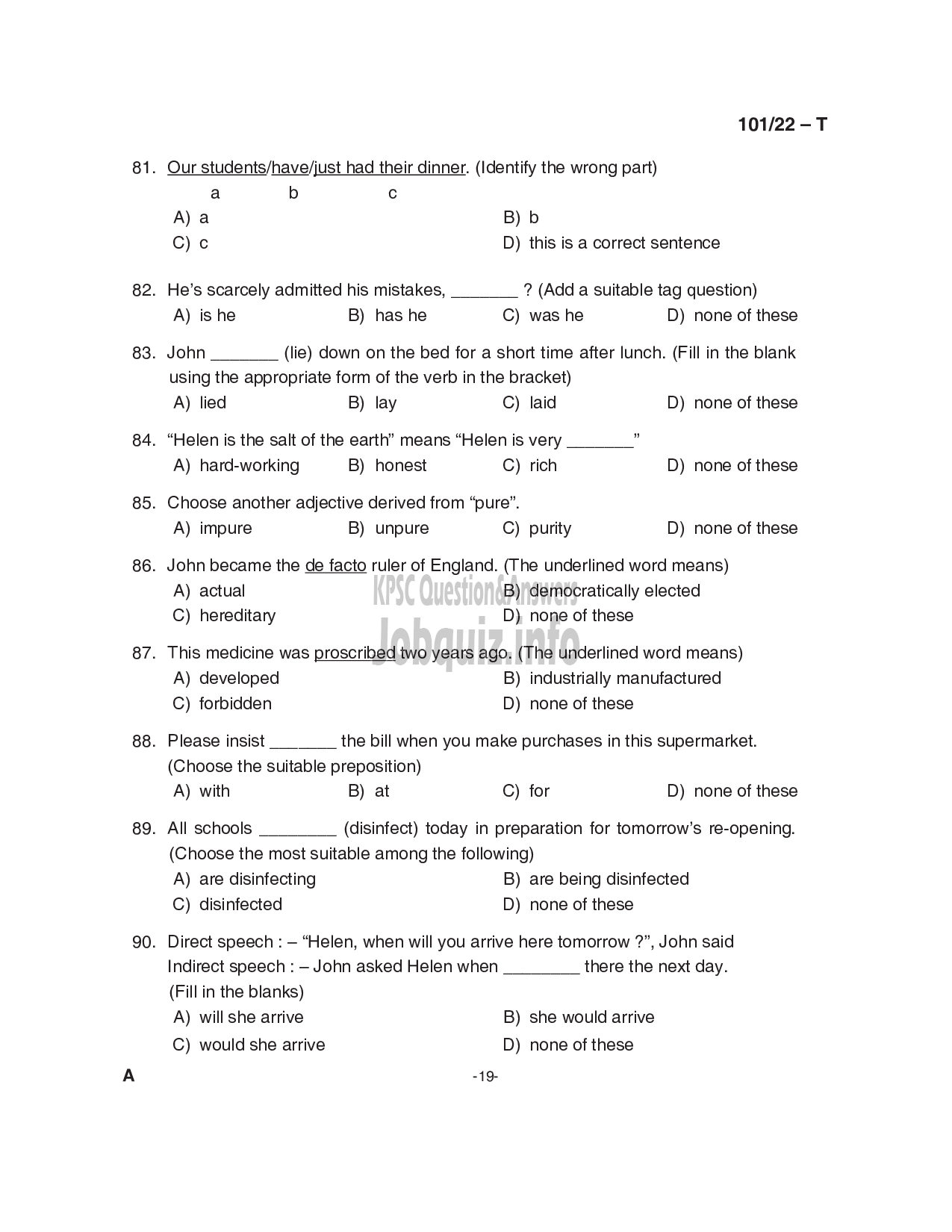 Kerala PSC Question Paper -  Common Preliminary Examination 2022 (Graduate Level)- Stage I -19