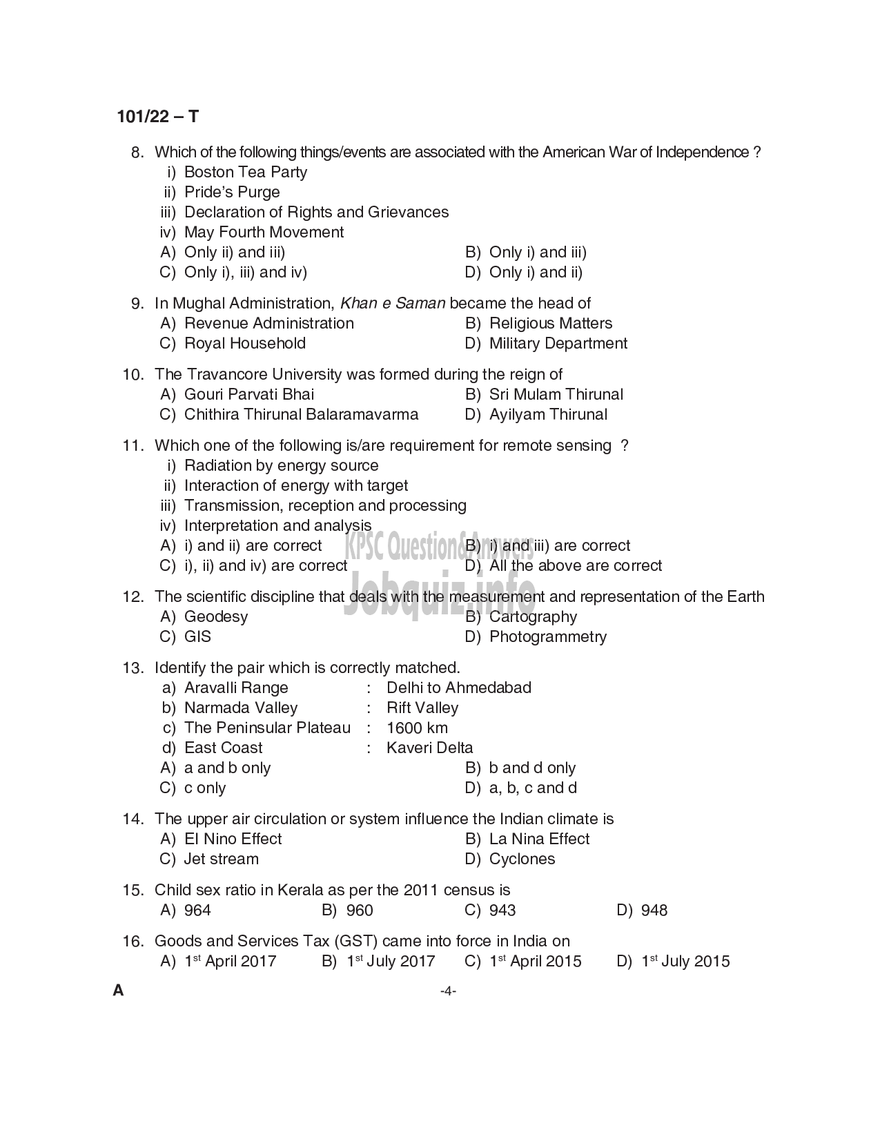 Kerala PSC Question Paper -  Common Preliminary Examination 2022 (Graduate Level)- Stage I -4