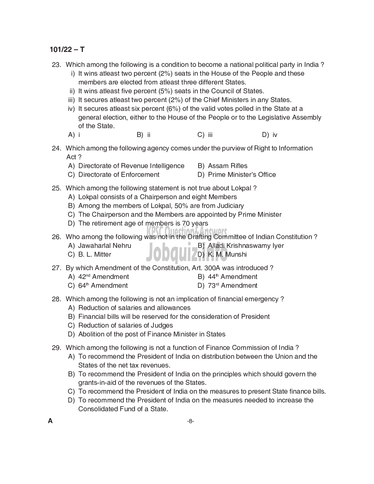 Kerala PSC Question Paper -  Common Preliminary Examination 2022 (Graduate Level)- Stage I -8