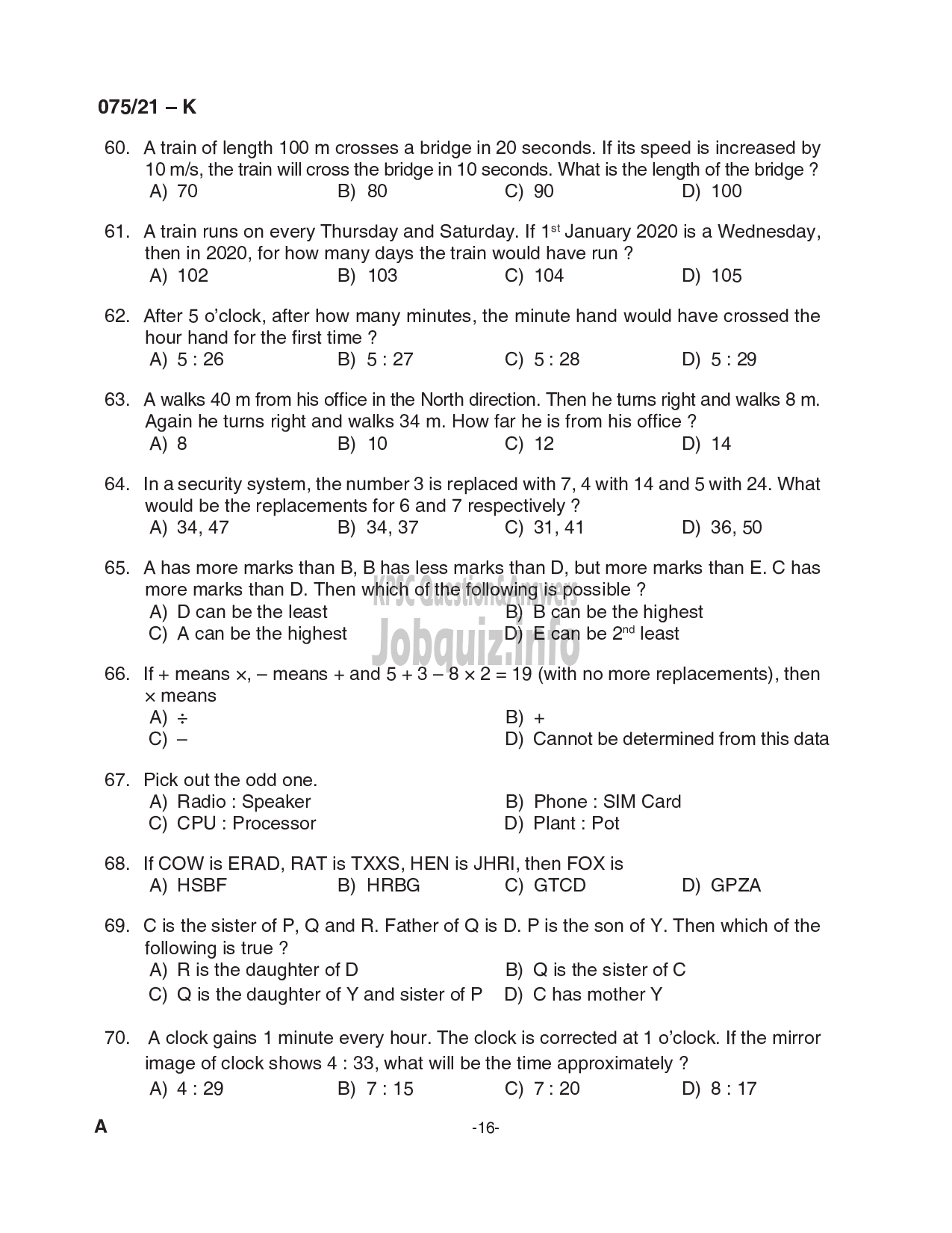 Kerala PSC Question Paper -  Common Preliminary Examination (Degree Level)- Stage I-VARIOUS -16