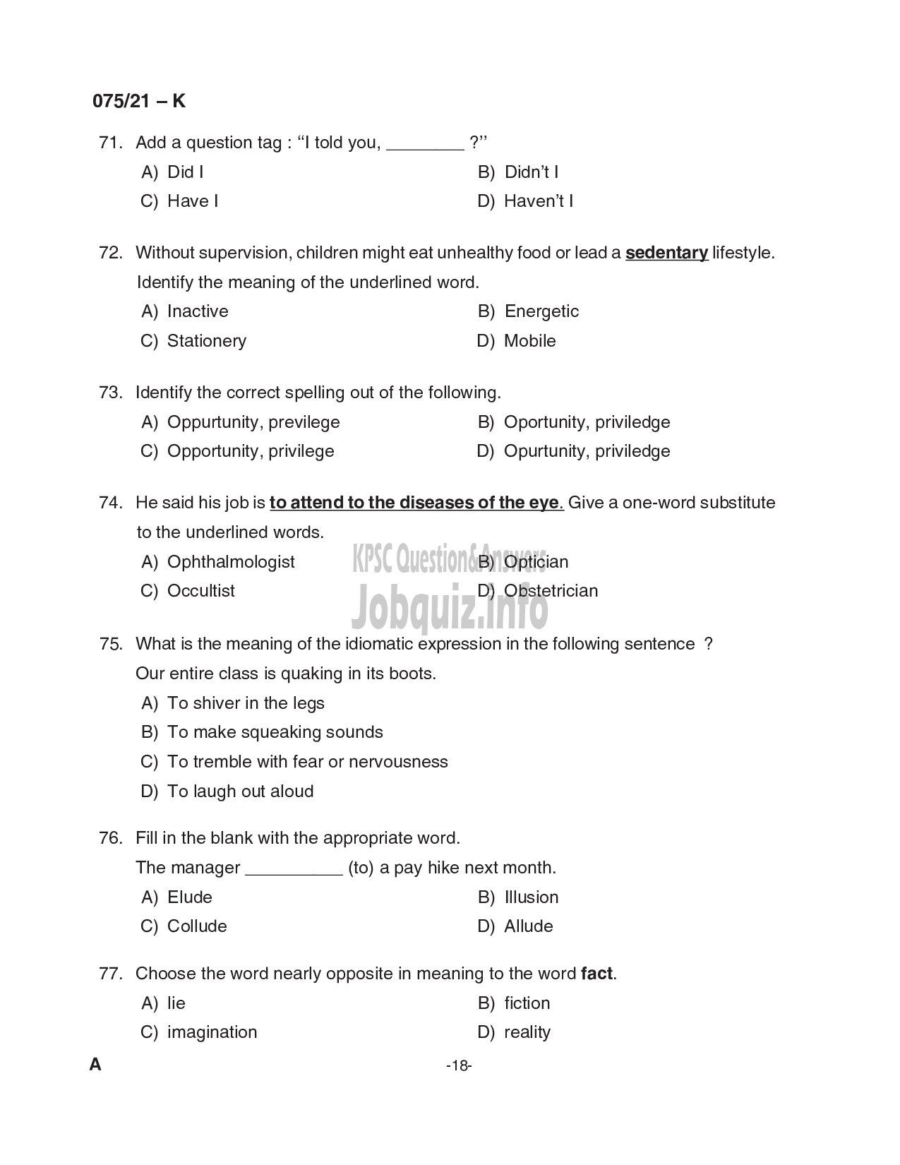 Kerala PSC Question Paper -  Common Preliminary Examination (Degree Level)- Stage I-VARIOUS -18