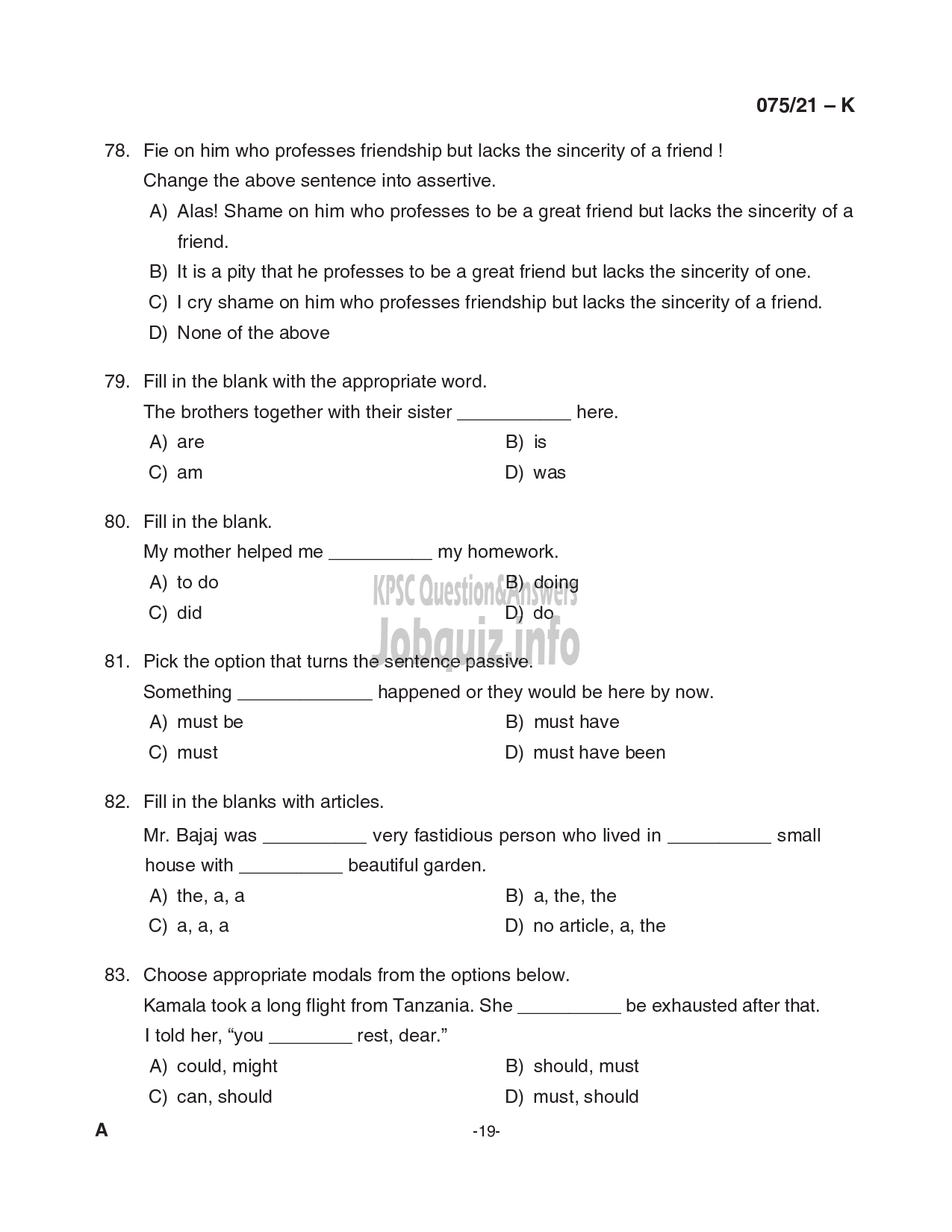 Kerala PSC Question Paper -  Common Preliminary Examination (Degree Level)- Stage I-VARIOUS -19