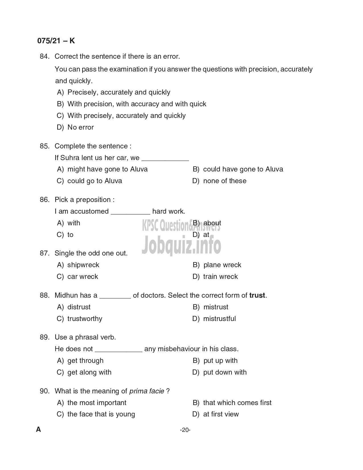 Kerala PSC Question Paper -  Common Preliminary Examination (Degree Level)- Stage I-VARIOUS -20