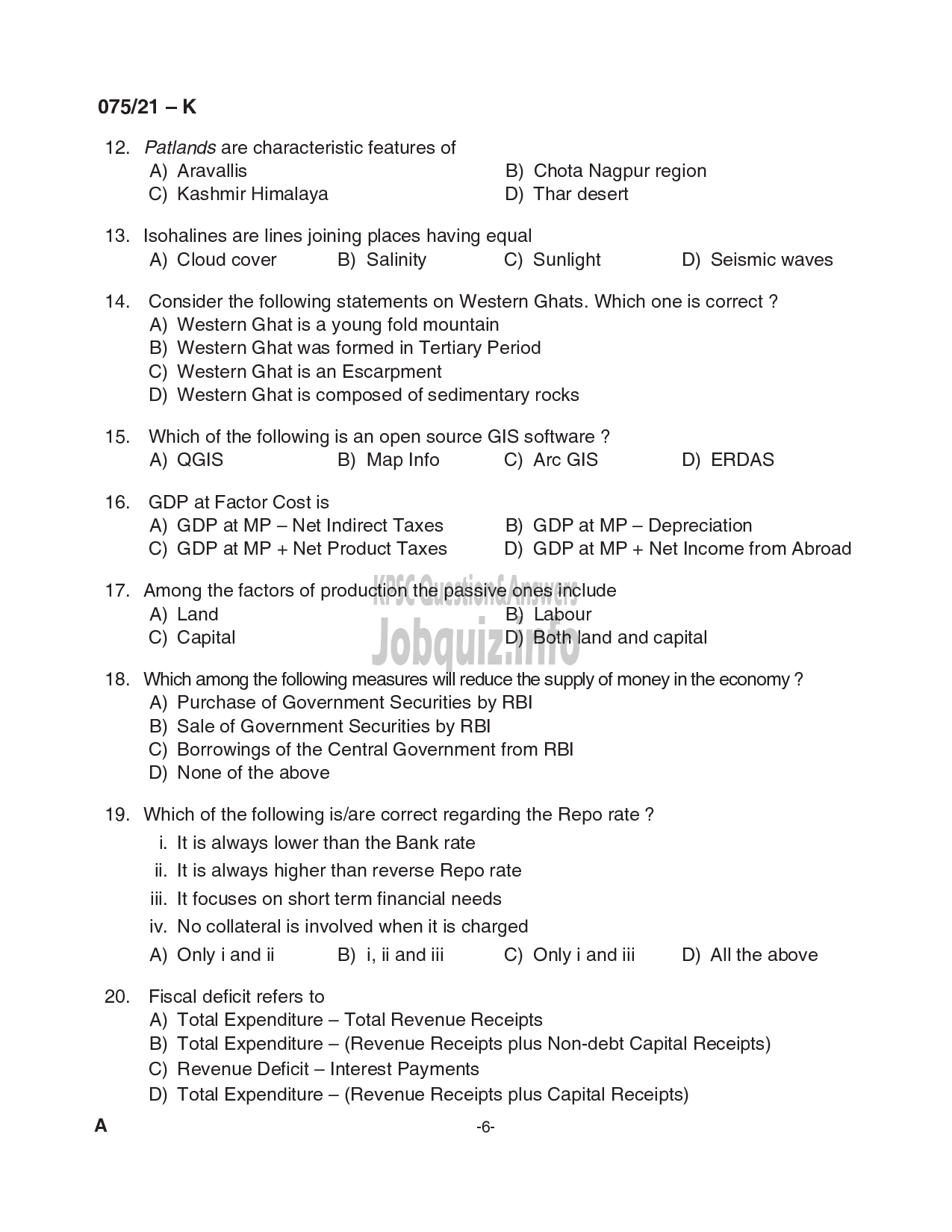 Kerala PSC Question Paper -  Common Preliminary Examination (Degree Level)- Stage I-VARIOUS -6