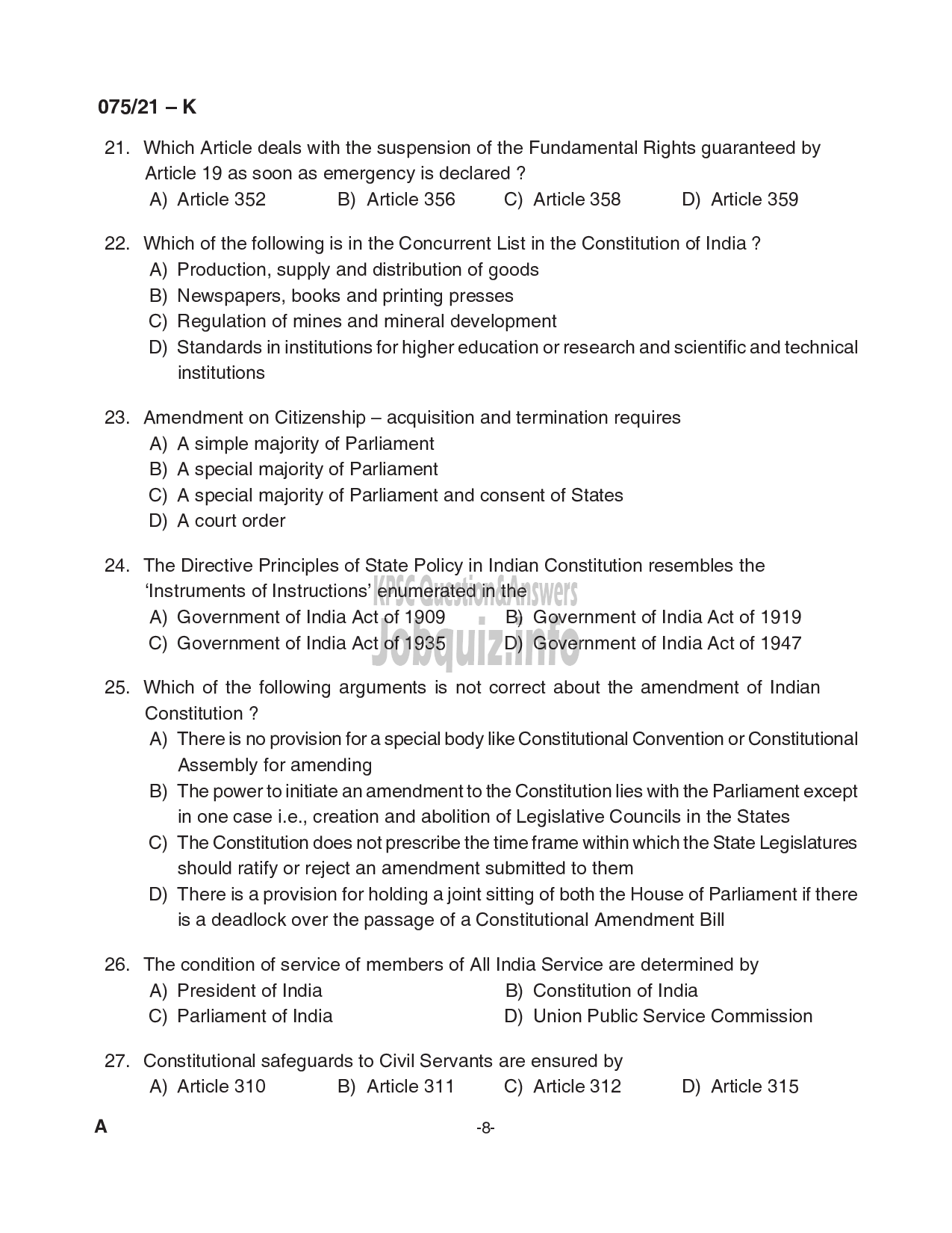 Kerala PSC Question Paper -  Common Preliminary Examination (Degree Level)- Stage I-VARIOUS -8
