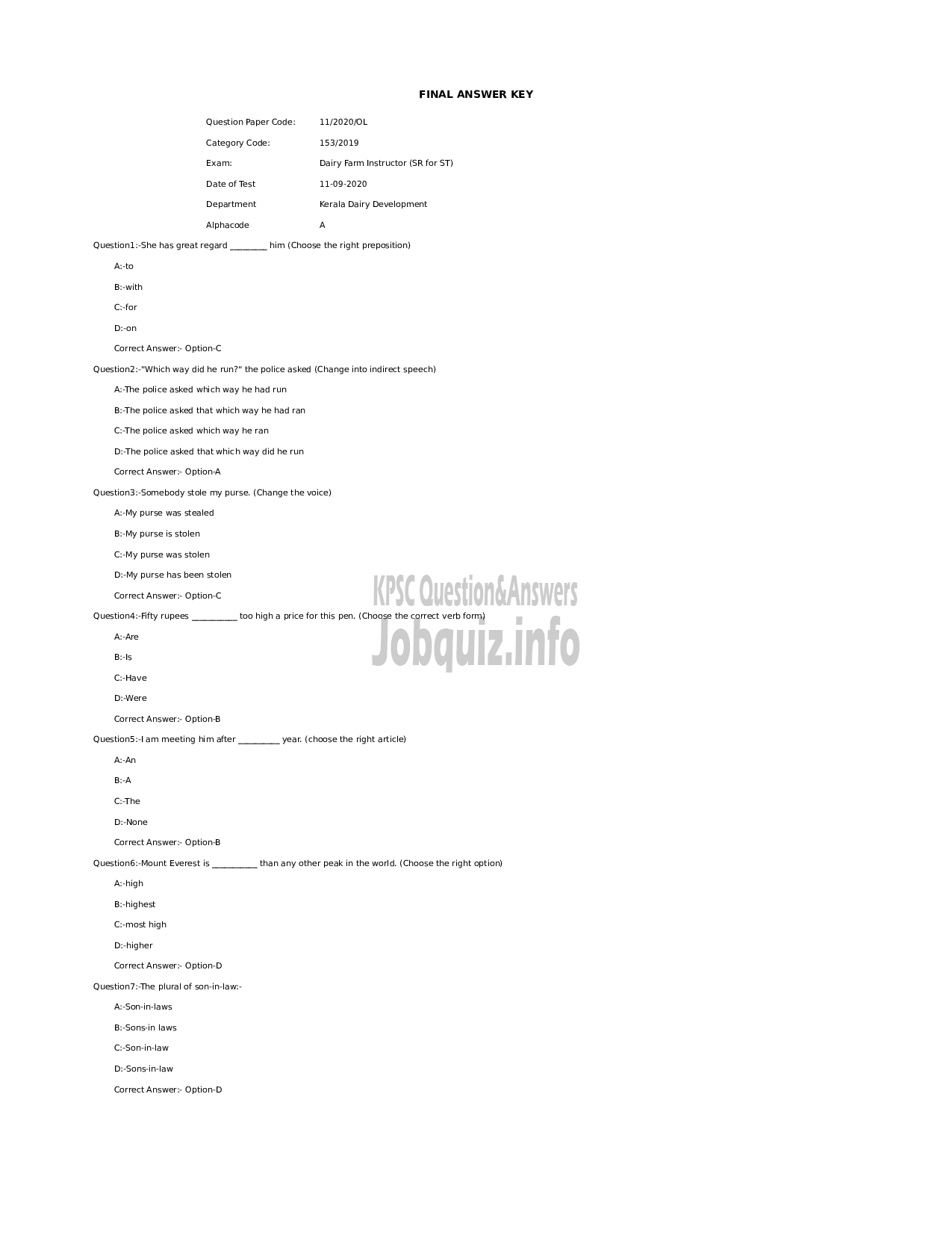 Kerala PSC Question Paper -  Dairy Farm Instructor (SR for ST)     Kerala Dairy Development -1
