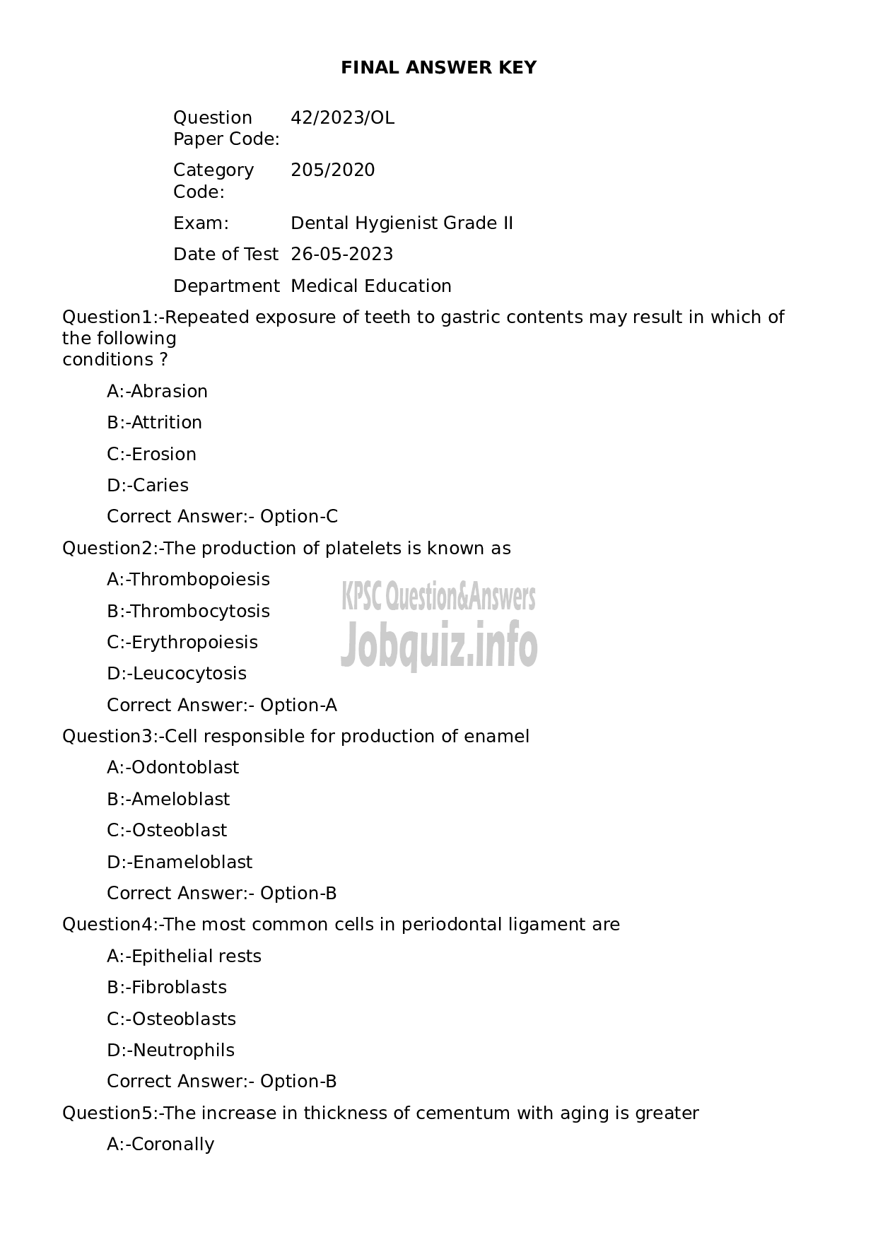 Kerala PSC Question Paper -  Dental Hygienist Grade II-1