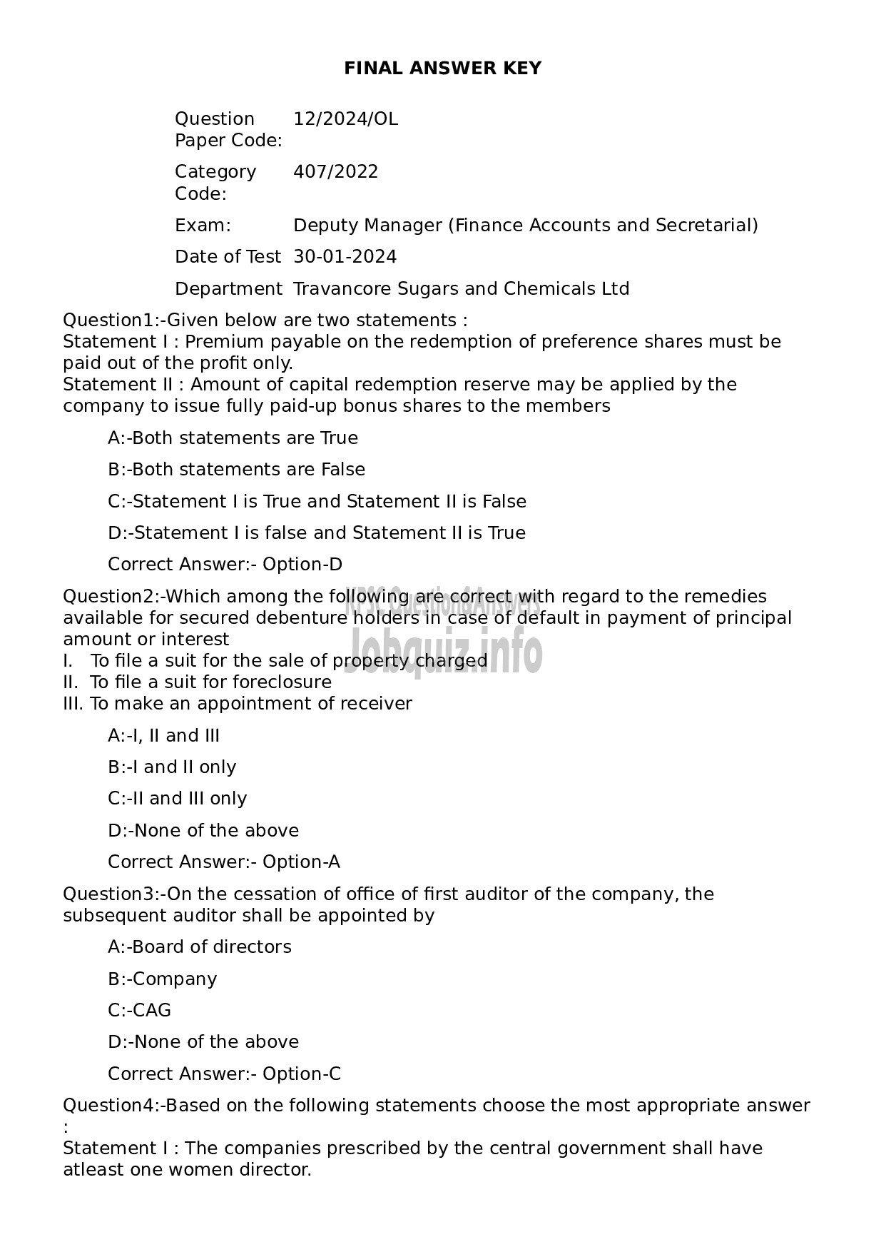 Kerala PSC Question Paper -  Deputy Manager (Finance Accounts and Secretarial)-1
