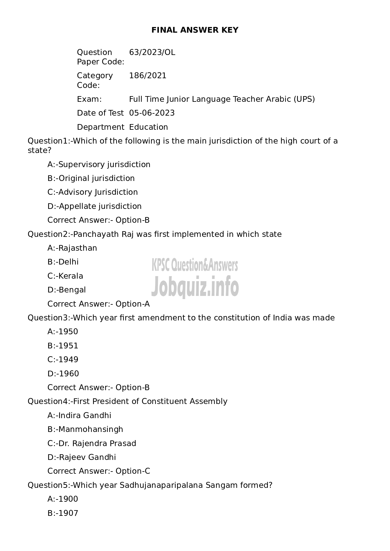 Kerala PSC Question Paper -  Full Time Junior Language Teacher Arabic (UPS)-1