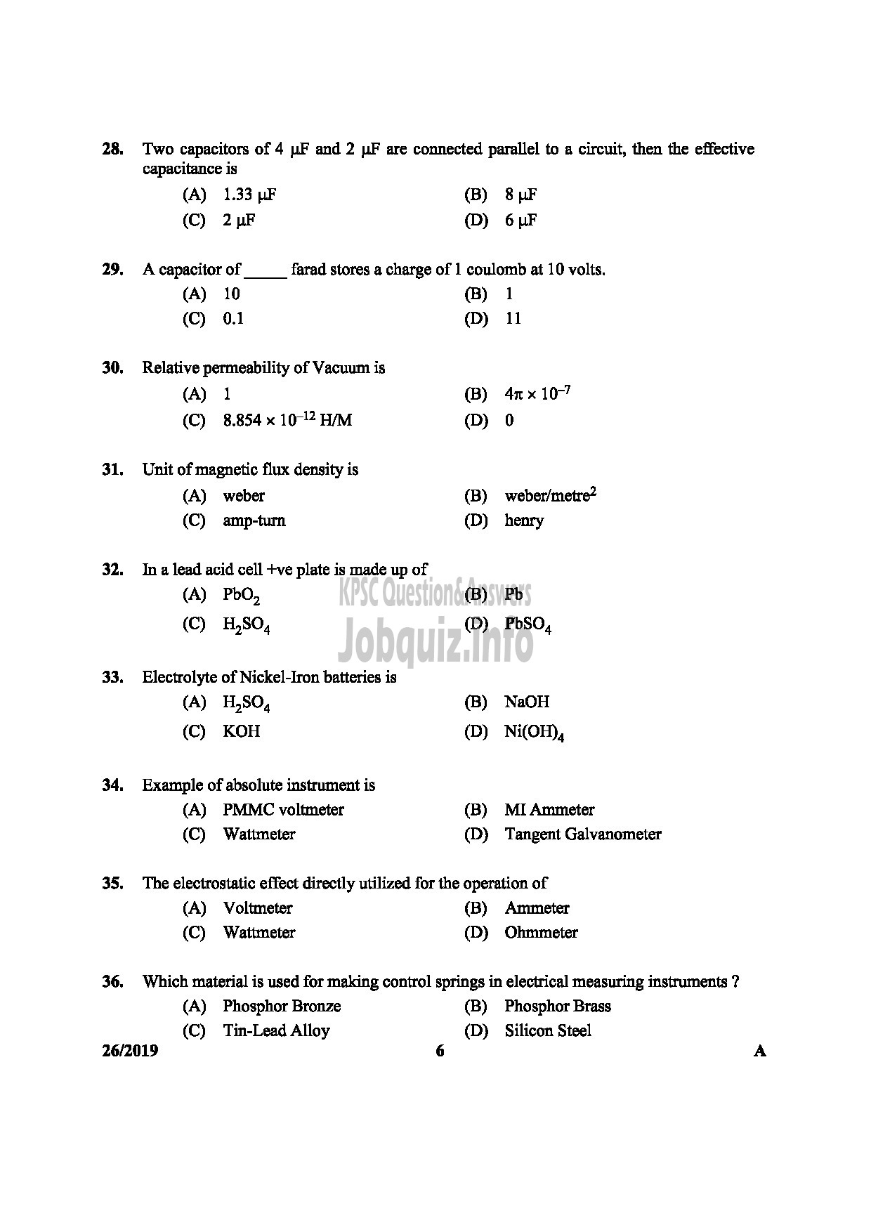 Kerala PSC Question Paper -  Furnce Operator Kerala Municipal Common Service / Electrician Health Services / Lineman PWD -6