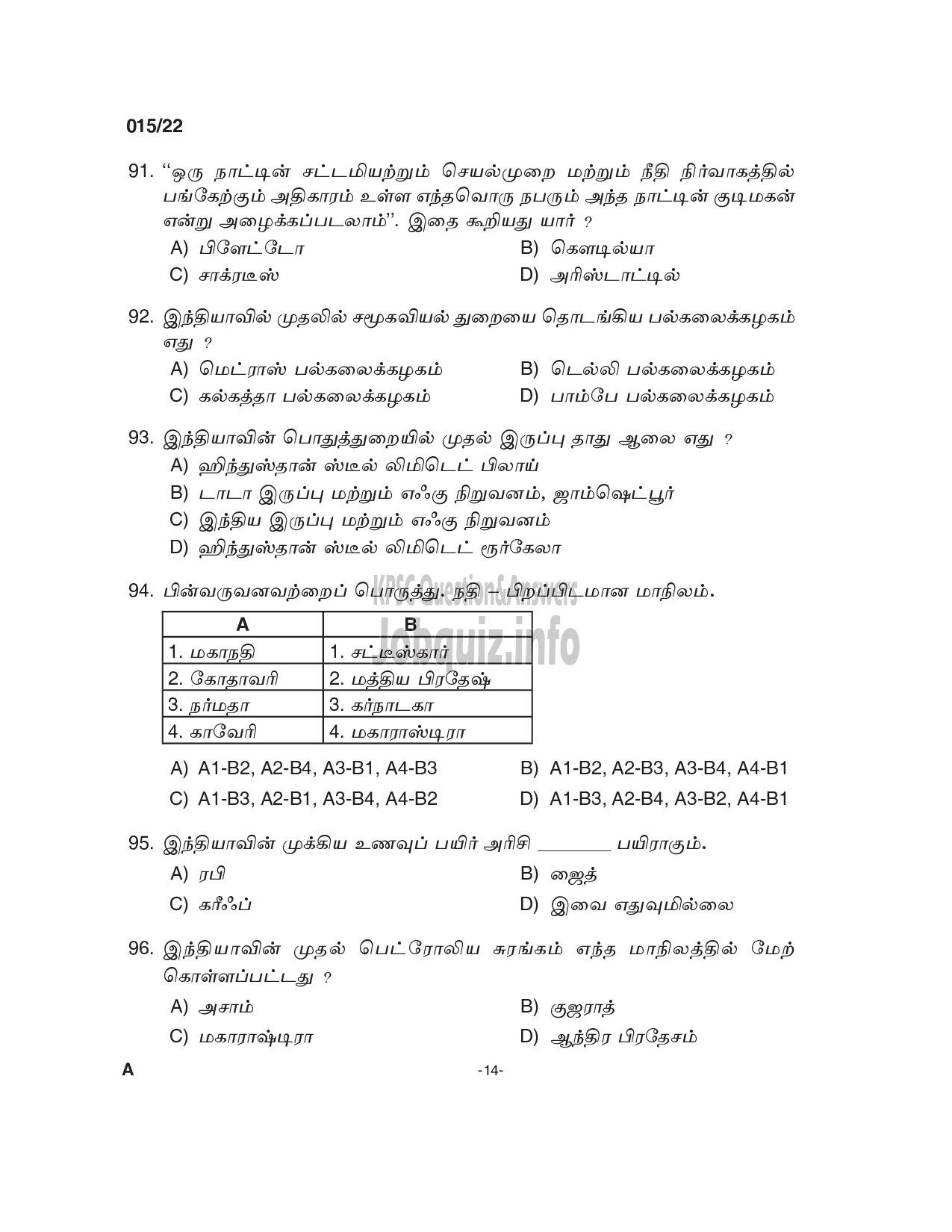 Kerala PSC Question Paper -  HSA Social Science (Tamil Medium)-Education  -14