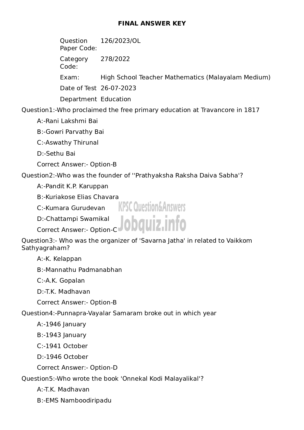 Kerala PSC Question Paper -  High School Teacher Mathematics (Malayalam Medium)-1