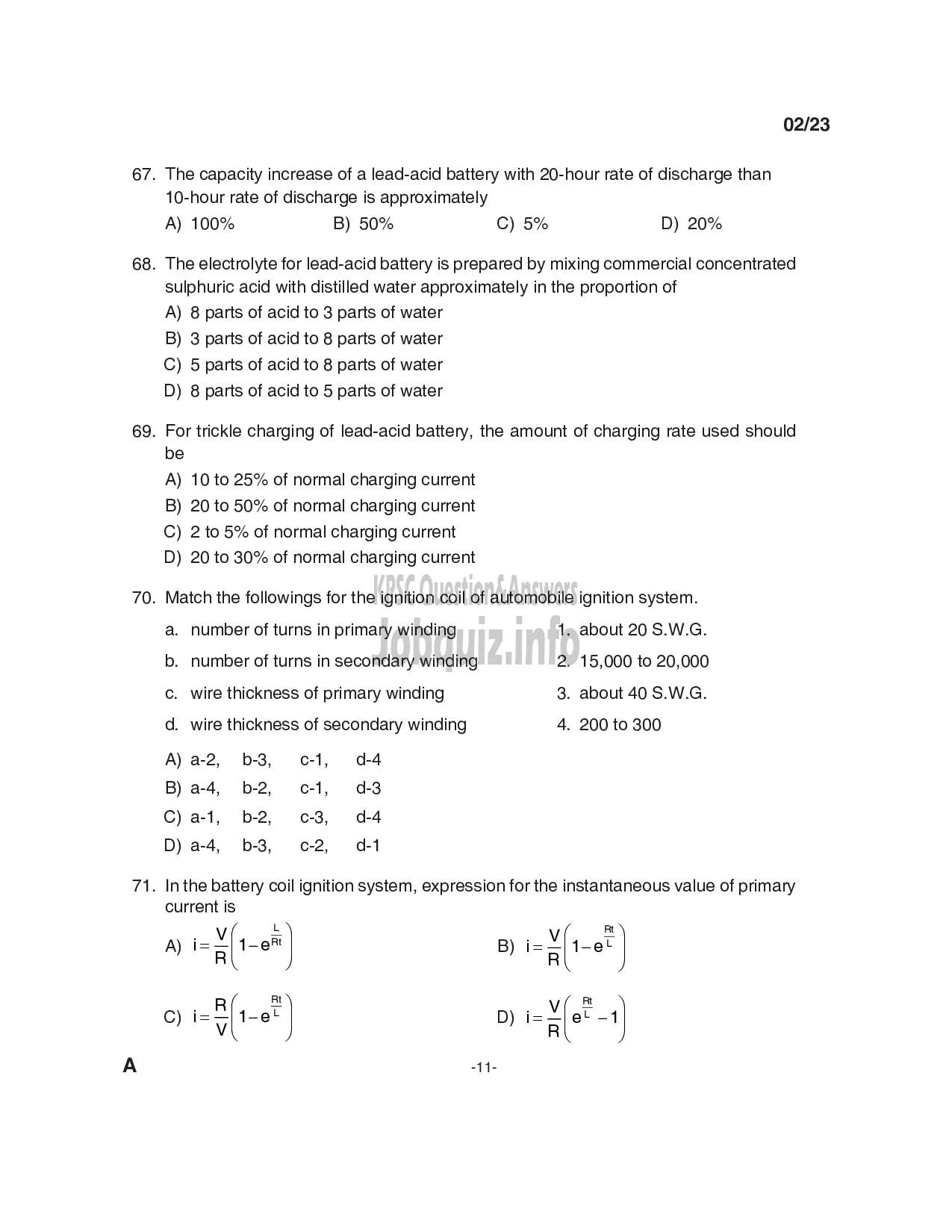 Kerala PSC Question Paper -  Junior Instructor (Mechanic Auto Electrical and Electronics) -11