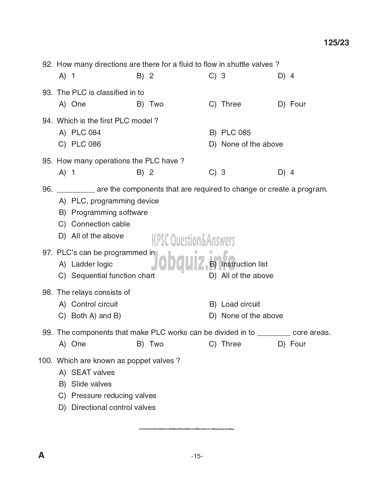 Kerala PSC Question Paper -  Junior Instructor(Technician Power Electronics System-TPES)-15