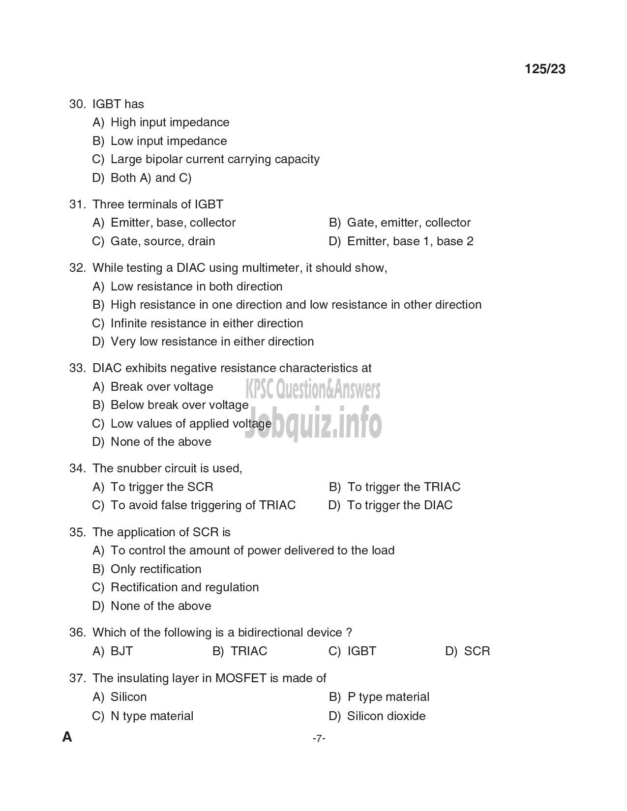 Kerala PSC Question Paper -  Junior Instructor(Technician Power Electronics System-TPES)-7