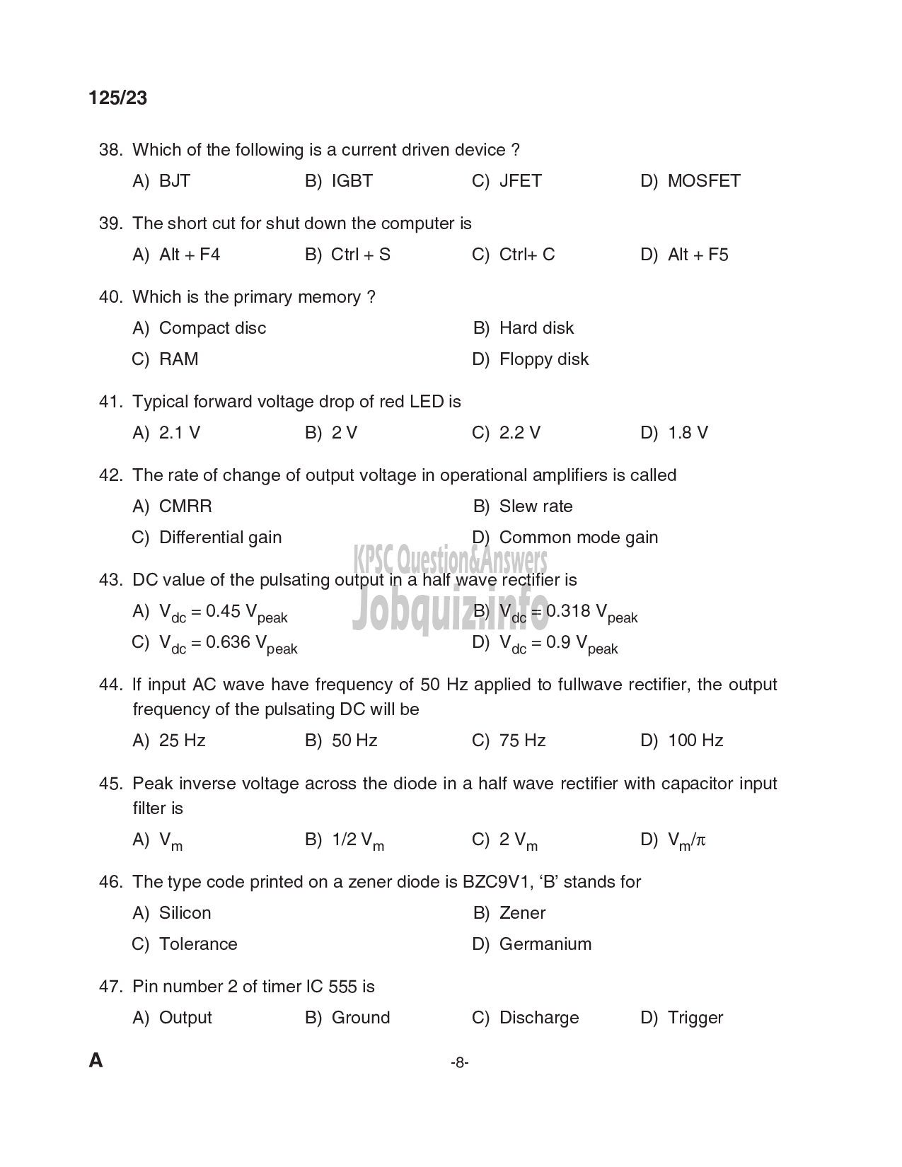 Kerala PSC Question Paper -  Junior Instructor(Technician Power Electronics System-TPES)-8