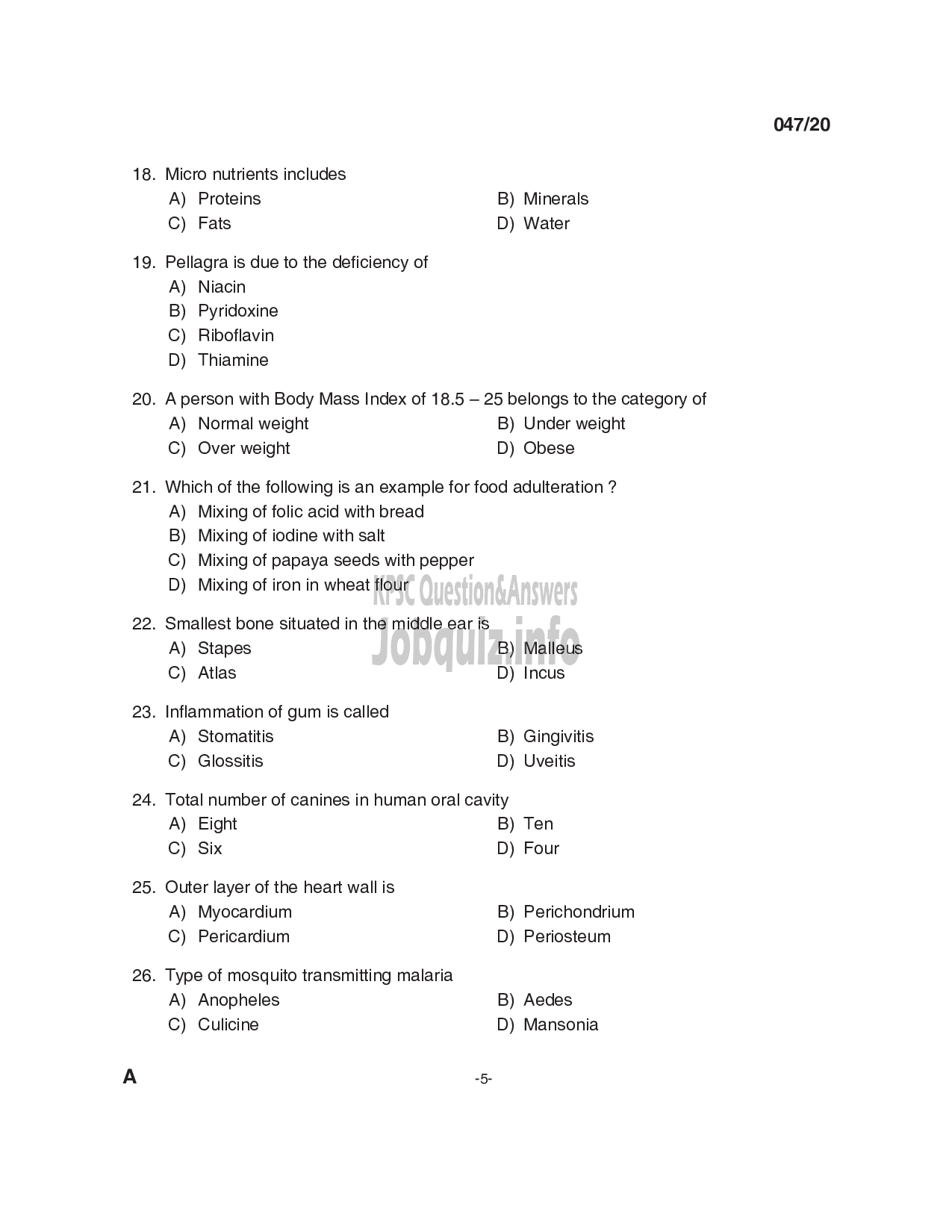 Kerala PSC Question Paper -  Junior Public Health Nurse Gr II  -  Health/ Municipal Common Service -5