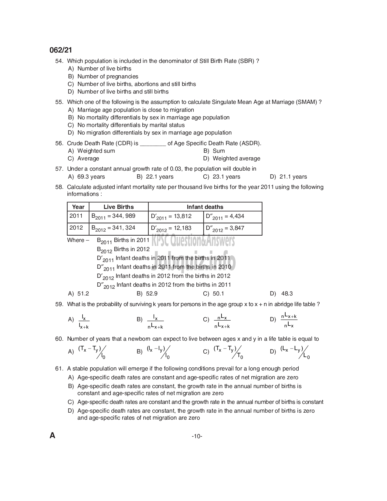 Kerala PSC Question Paper -  Lecturer in Statistics and Demography -Medical Education -10