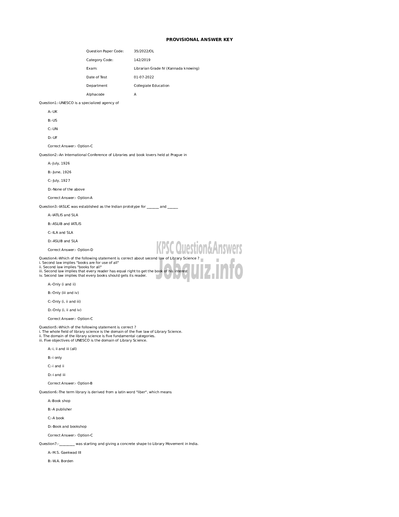 Kerala PSC Question Paper -  Librarian Grade IV (Kannada knowing) - Collegiate Education-1