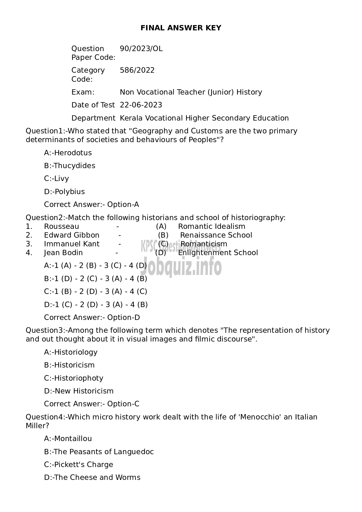 Kerala PSC Question Paper -  Non Vocational Teacher (Junior) History-1