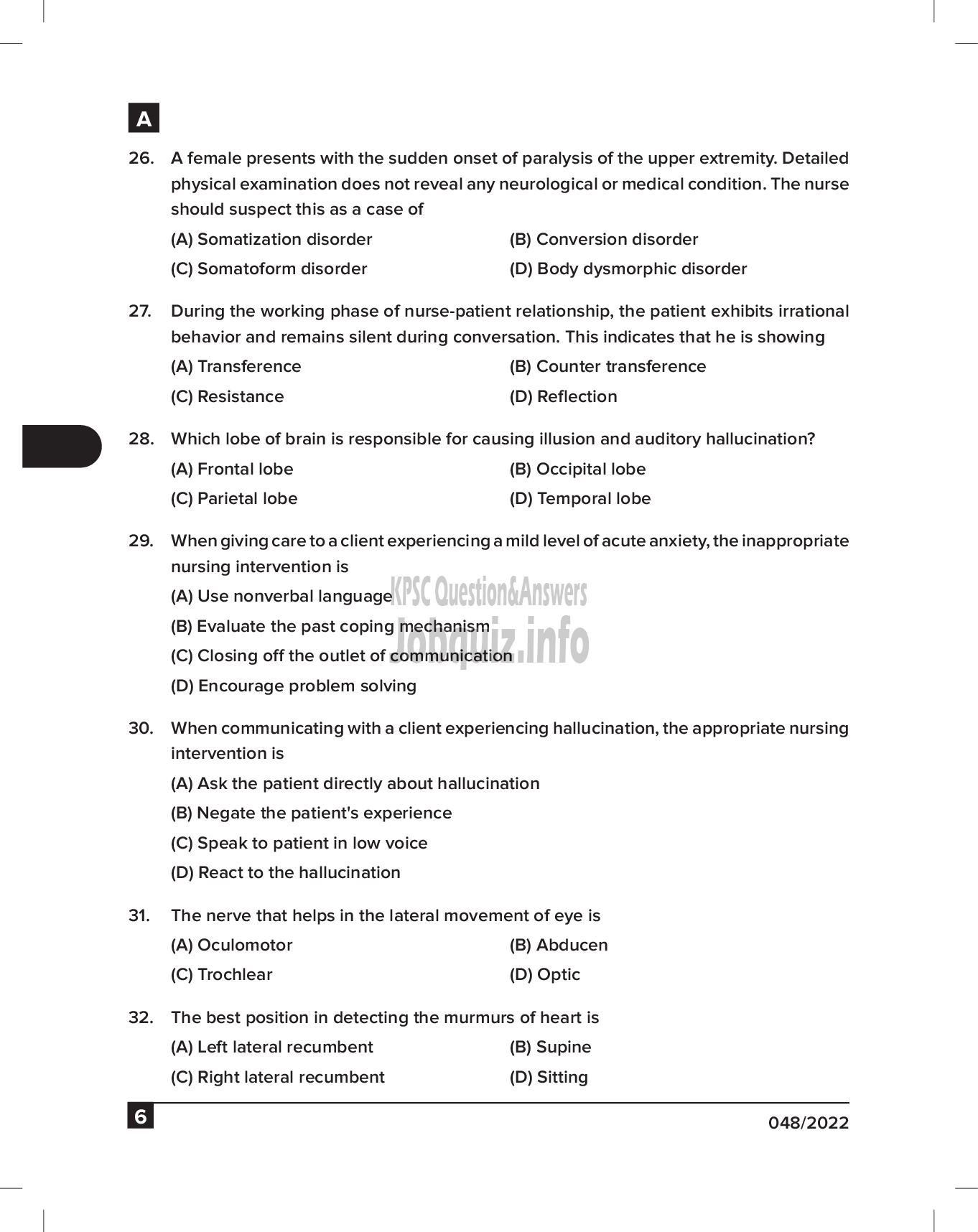 Kerala PSC Question Paper -   Nurse Grade II (NCA- Muslim) & Staff Nurse Grade II (Sr for SC/ST) -Homoeopathy & Health Service -6