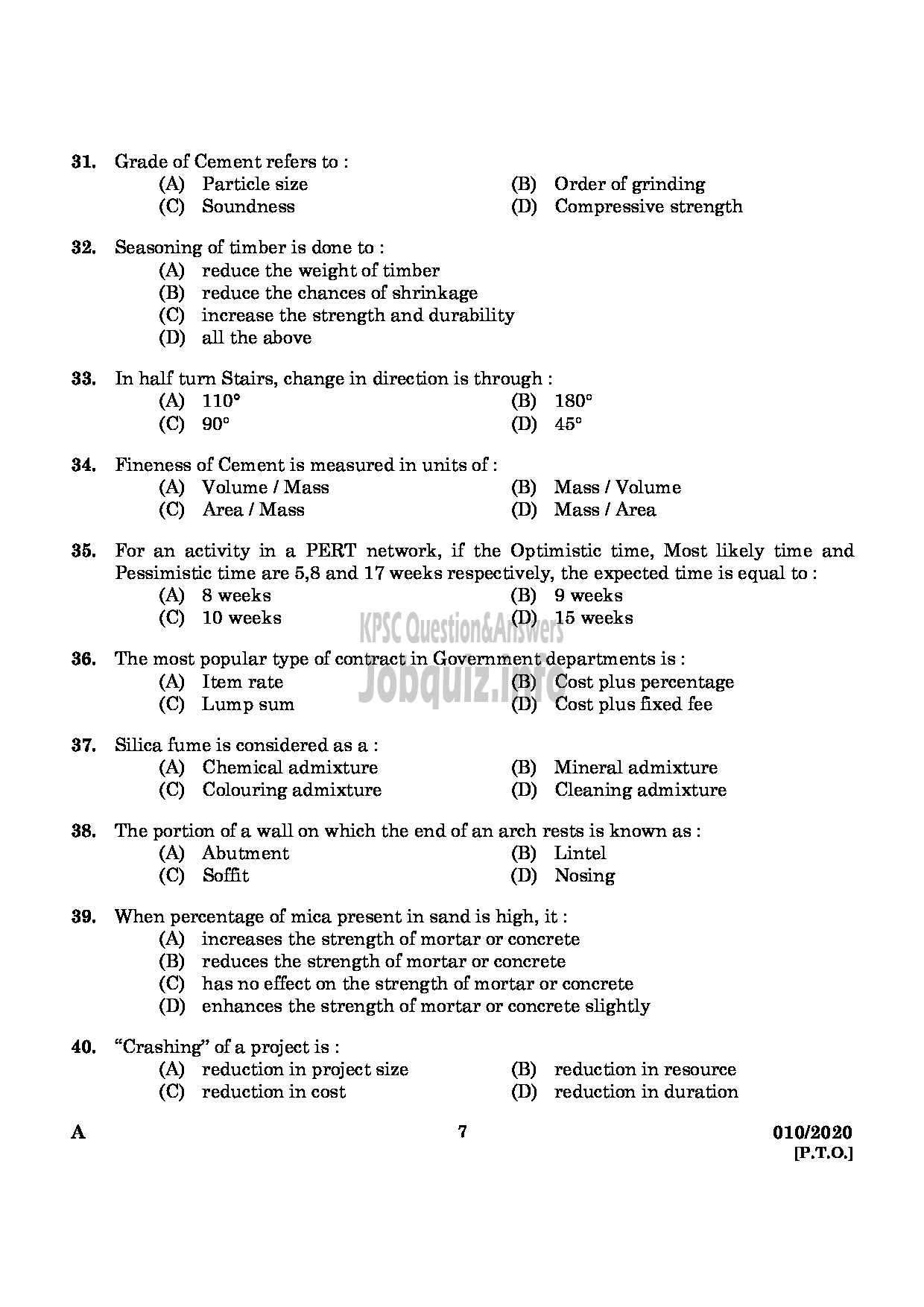 Kerala PSC Question Paper -  Tech Officer (Civil) and Assistant Engineer (Civil)-5