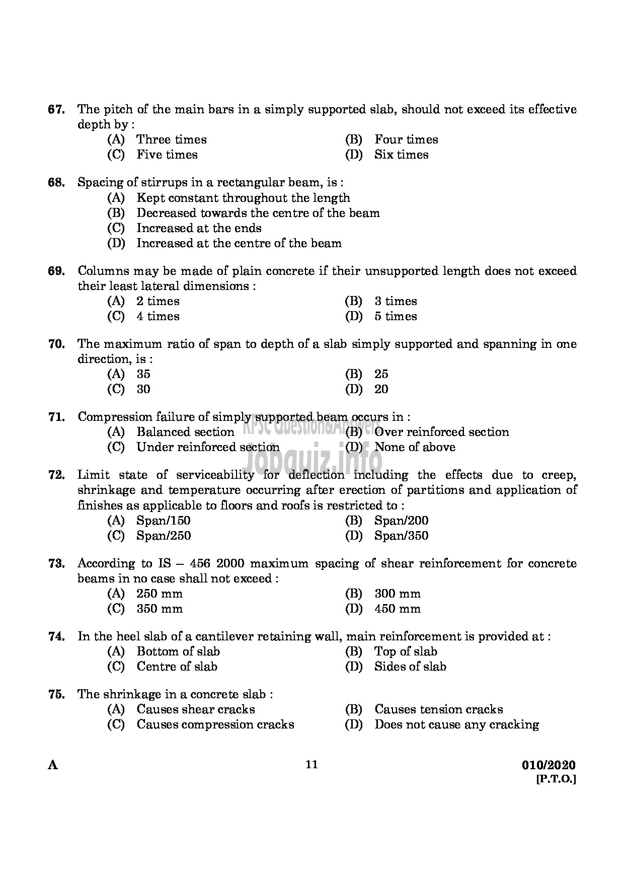 Kerala PSC Question Paper -  Tech Officer (Civil) and Assistant Engineer (Civil)-9