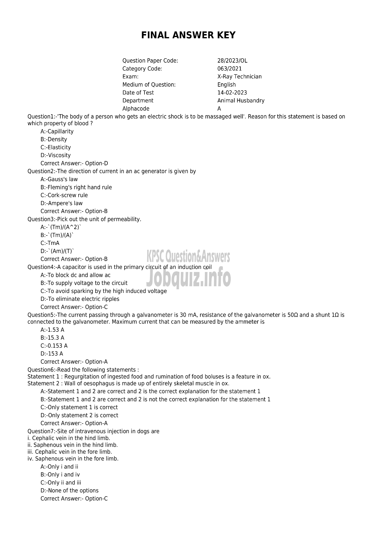 Kerala PSC Question Paper -  X-RAY TECHNICIAN-1